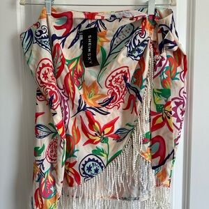 SHEIN Multicolor Floral Wrap Skirt with Fringe Detail